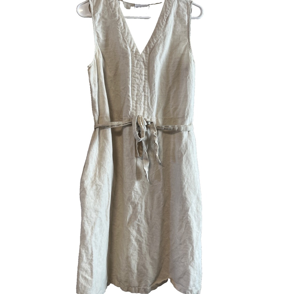 Liz Claiborne Linen Blend Dress Midi Women's Medium Beige Belted vacation beach